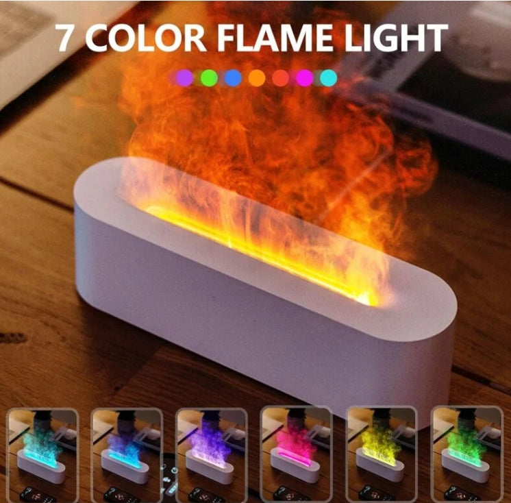 Diffusore di oli essenziali con effetto fiamma, umidificatore con luci LED a 7 colori, timer e spegnimento automatico senza acqua, bianco e nero.